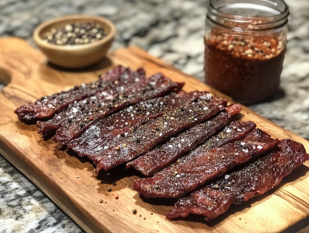 Thin strips of smoked beef jerky arranged on a rustic board with seasoning and a jar of marinade in the background.