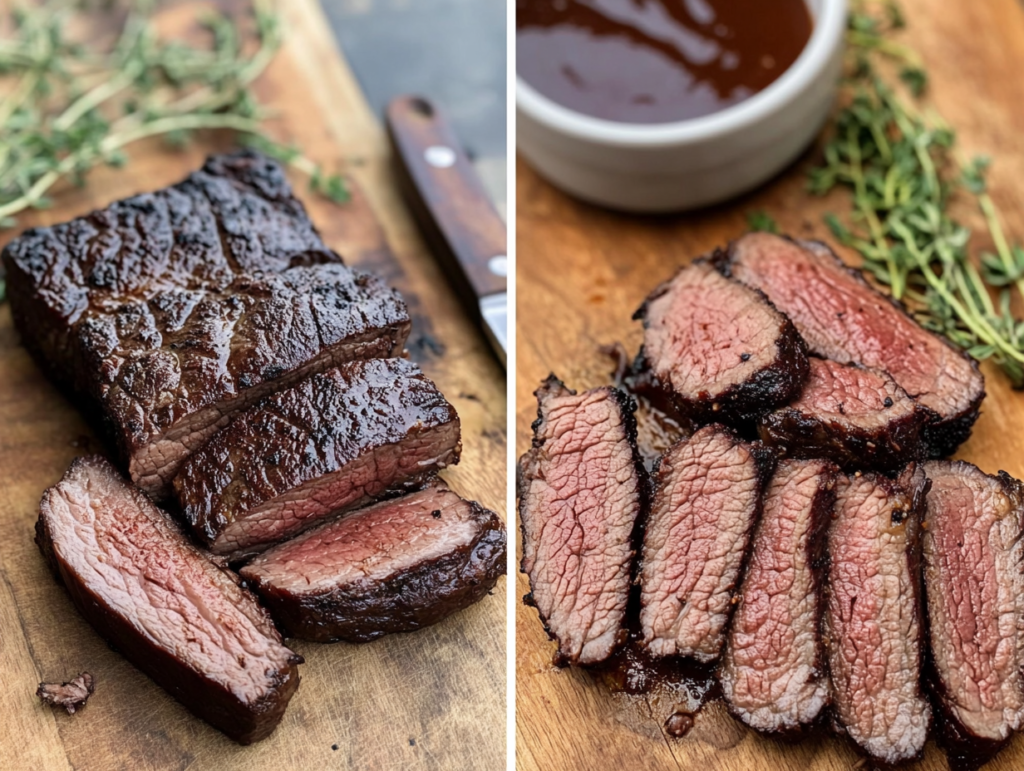 A side-by-side comparison of tough and tender smoked beef slices on a wooden cutting board, surrounded by BBQ tools and garnishes.