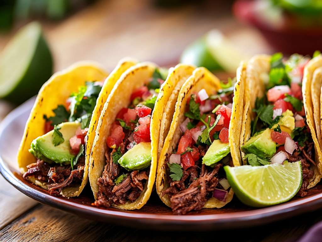 A plate of smoked beef tacos served in soft tortillas, topped with fresh avocado, pico de gallo, and a drizzle of chipotle sauce.