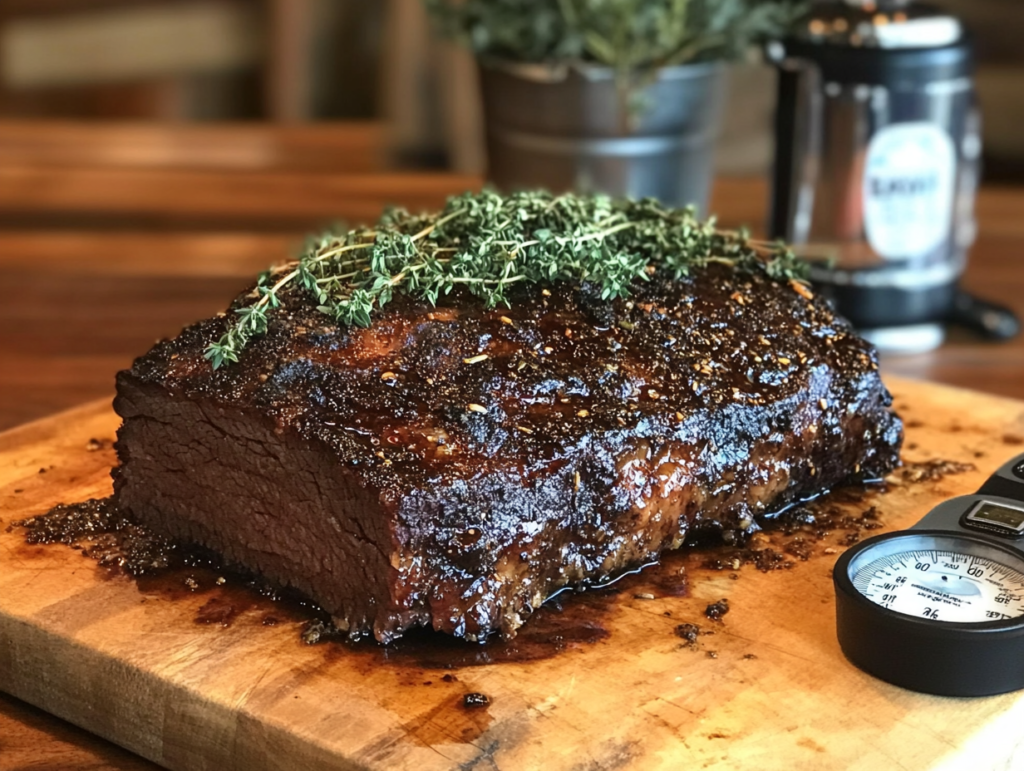 Smoked brisket being prepared with seasoning rub and meat thermometer