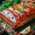 A rustic display of smoked salmon garnished with dill and lemon, alongside brine ingredients like salt and sugar