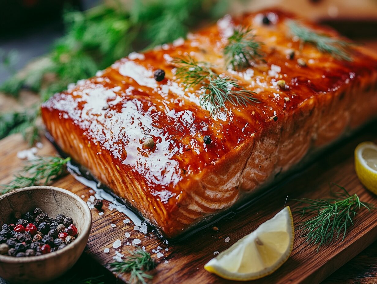 A rustic display of smoked salmon garnished with dill and lemon, alongside brine ingredients like salt and sugar