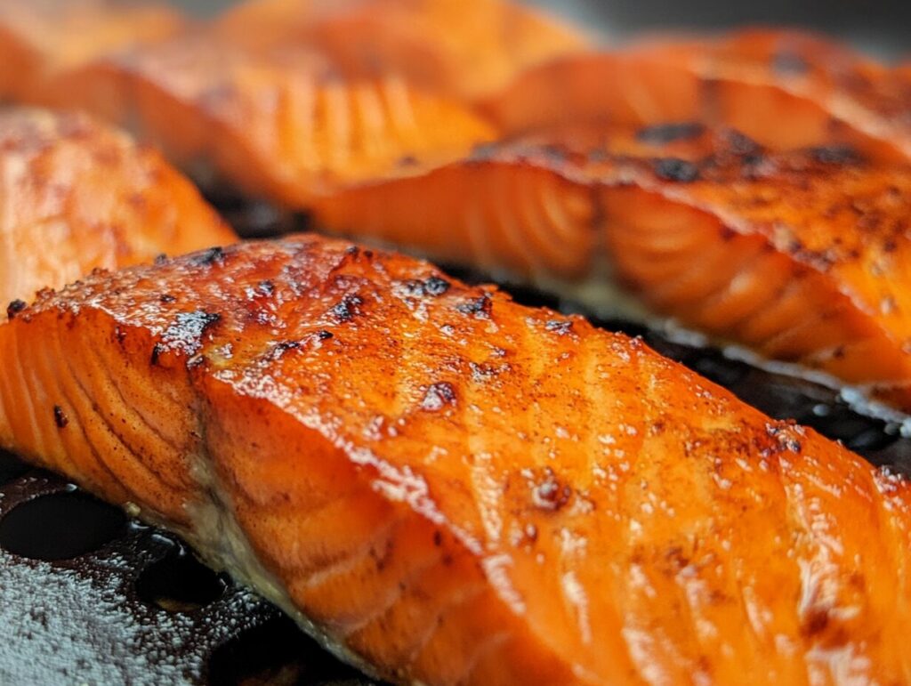 Smoked salmon fillets resting on a wooden plank inside a smoker