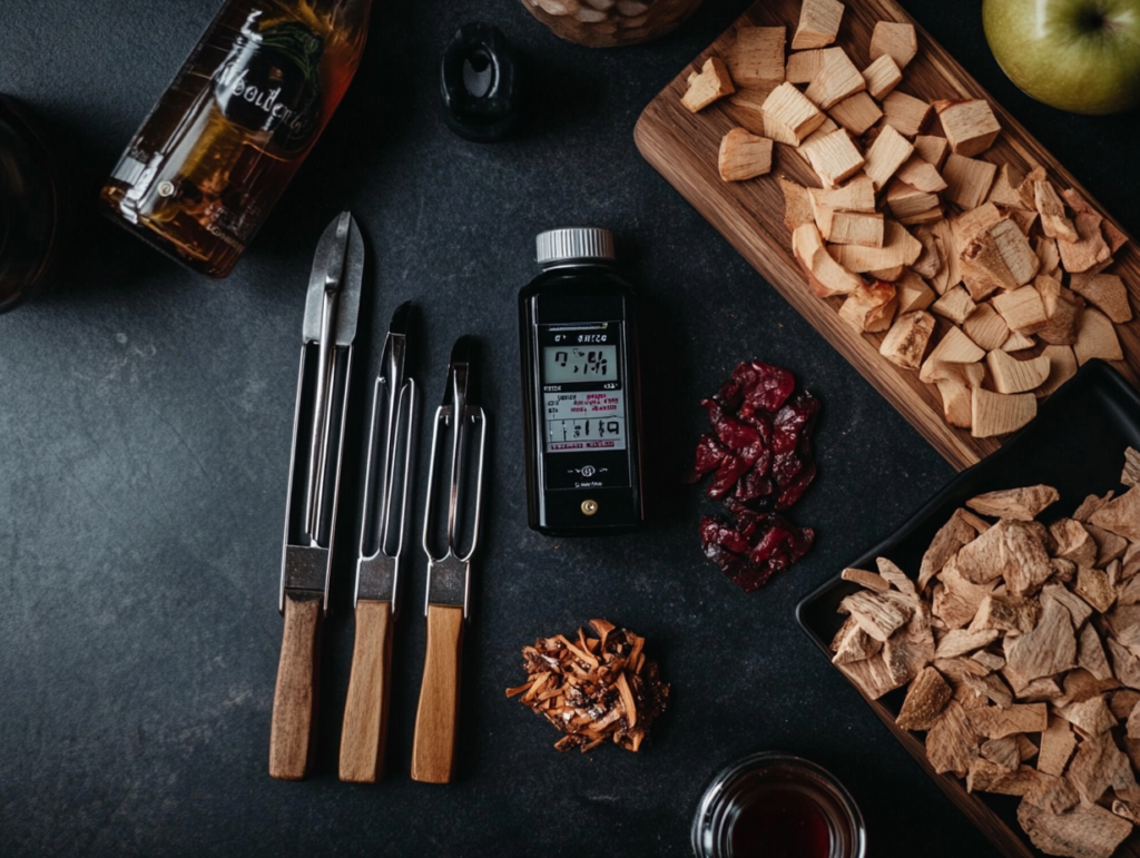 Wood chips, meat thermometer, grilling tools, and apple cider vinegar for smoking beef.