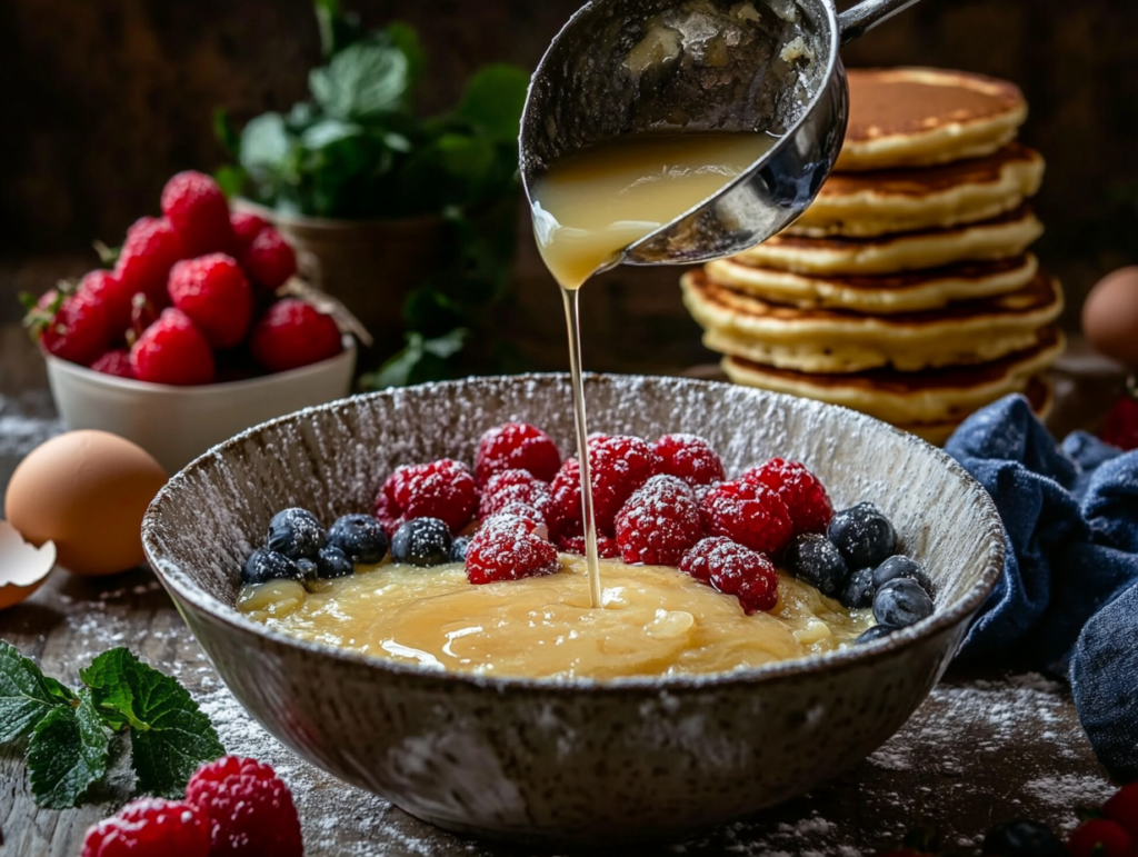 Close-up of sourdough discard being poured into pancake batter with a stack of golden pancakes in the background.