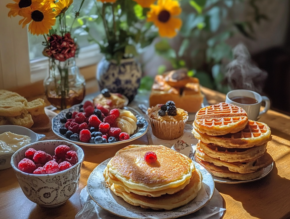 A breakfast table with sourdough pancakes, waffles, muffins, and coffee cake, showcasing a variety of sourdough discard recipes.