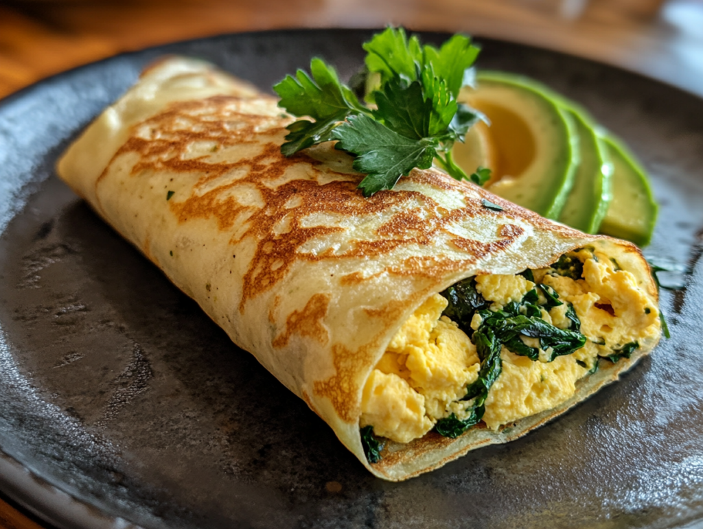 Thin sourdough crepe wraps filled with eggs, spinach, and bacon, ready to eat for breakfast.