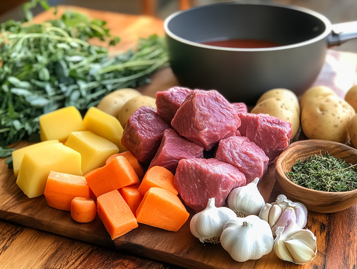 Fresh ingredients for making a stew, including beef chunks, root vegetables, fresh herbs, garlic, and spices on a wooden kitchen table.