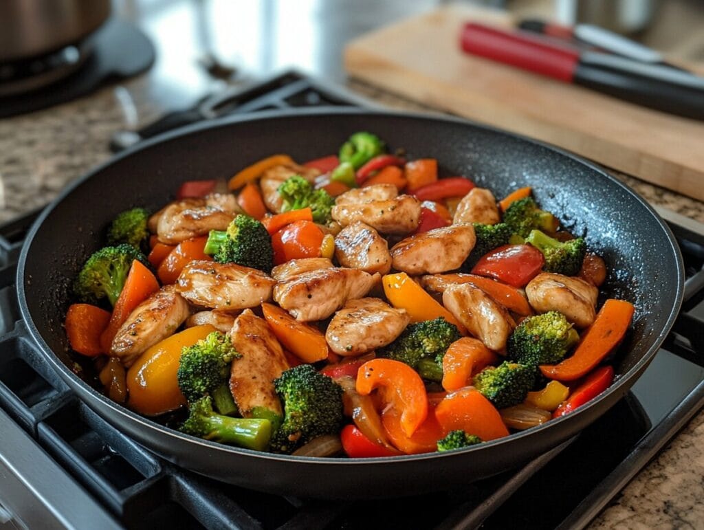 A skillet filled with vibrant stir-fried vegetables, including frozen diced carrots, broccoli, bell peppers, and chicken, cooked to perfection.