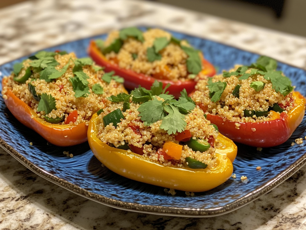 Bright bell peppers stuffed with quinoa and diced serrano peppers, garnished with fresh cilantro on a serving platter