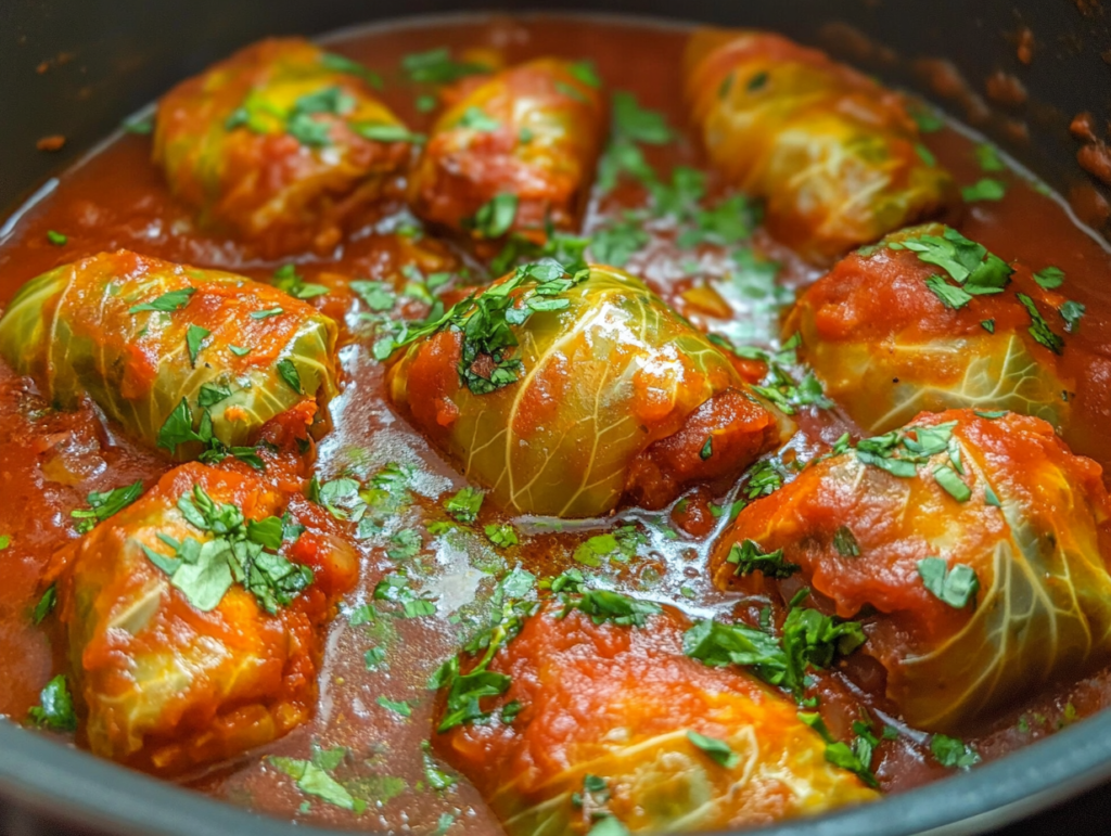 A pot of stuffed cabbage rolls cooking in rich tomato sauce with herbs on top.