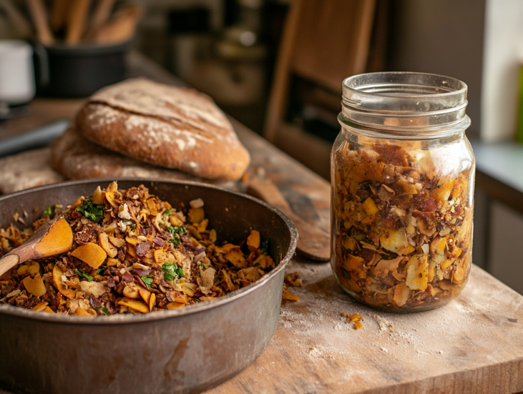 Compost bin next to a jar of sourdough discard and a dough preparation station, showcasing sustainable baking