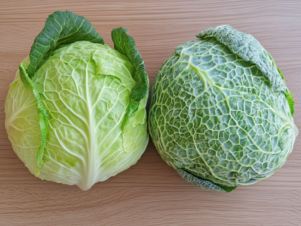 Two fresh cabbage heads side by side, one smooth green cabbage and one textured Savoy cabbage