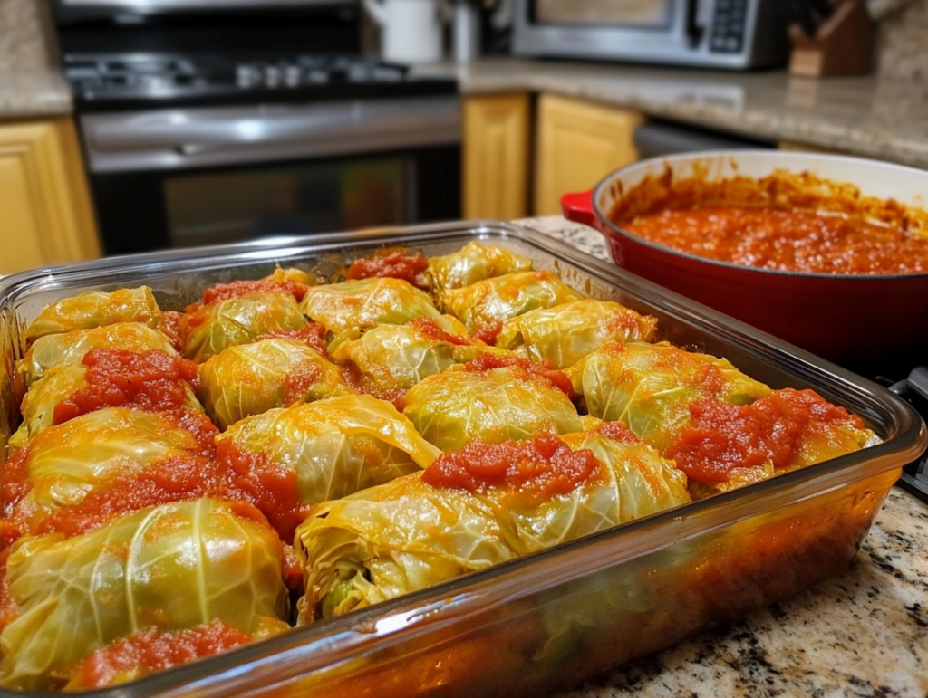 A refrigerator-safe container with neatly packed stuffed cabbage rolls, ready for storage, alongside a microwave and stovetop with reheating options.