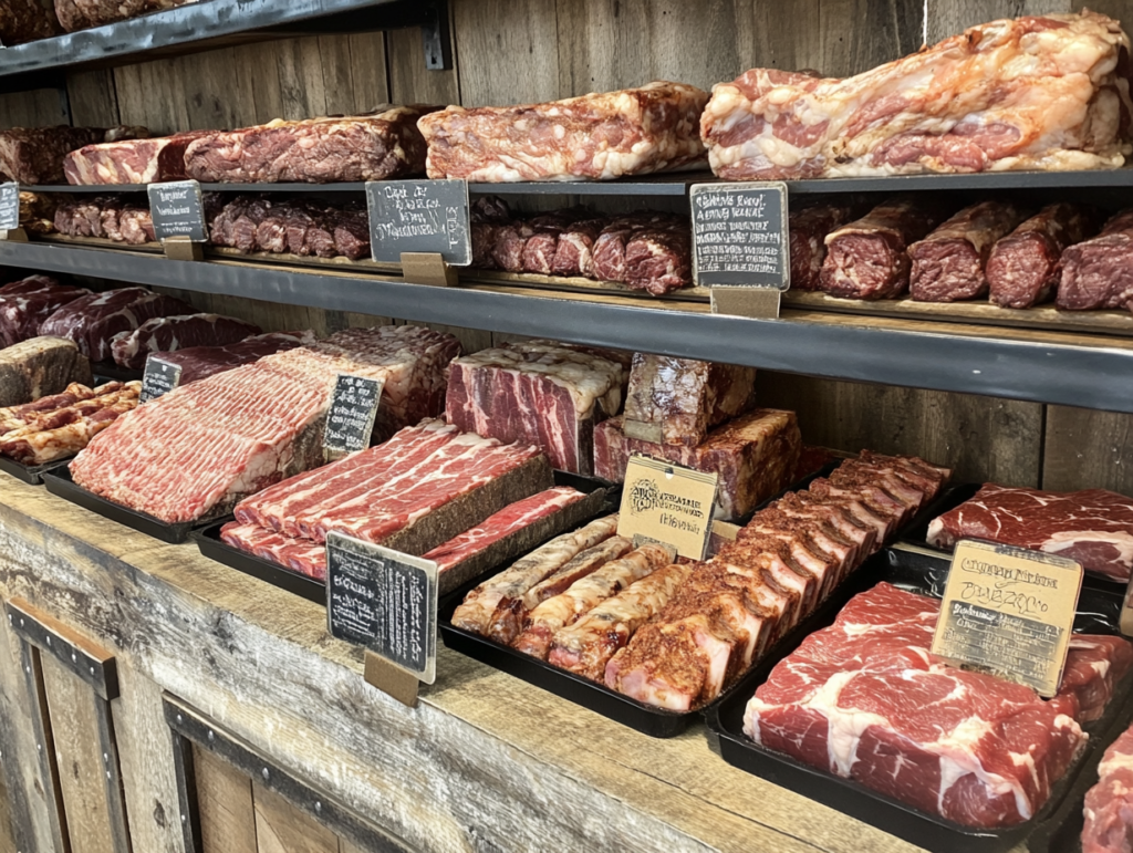 A selection of raw beef cuts ideal for smoking, including brisket, ribs, and chuck roast, displayed on a butcher’s table.