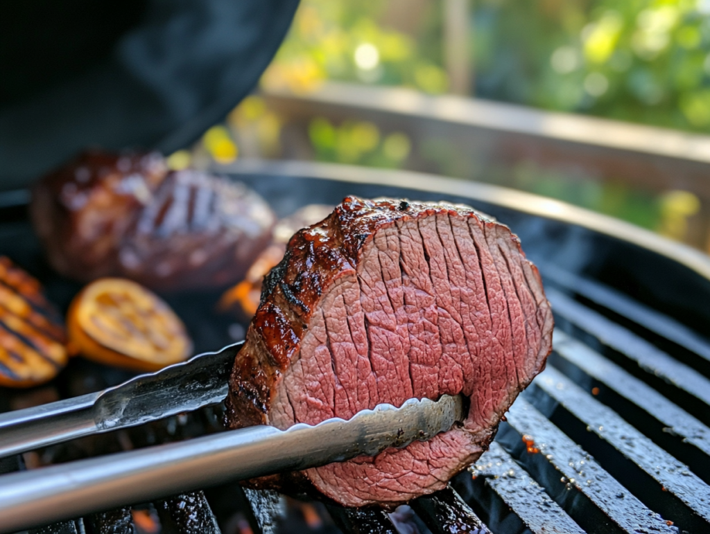 A slice of tough smoked beef being held with tongs, showing its chewy texture and overcooked edges.