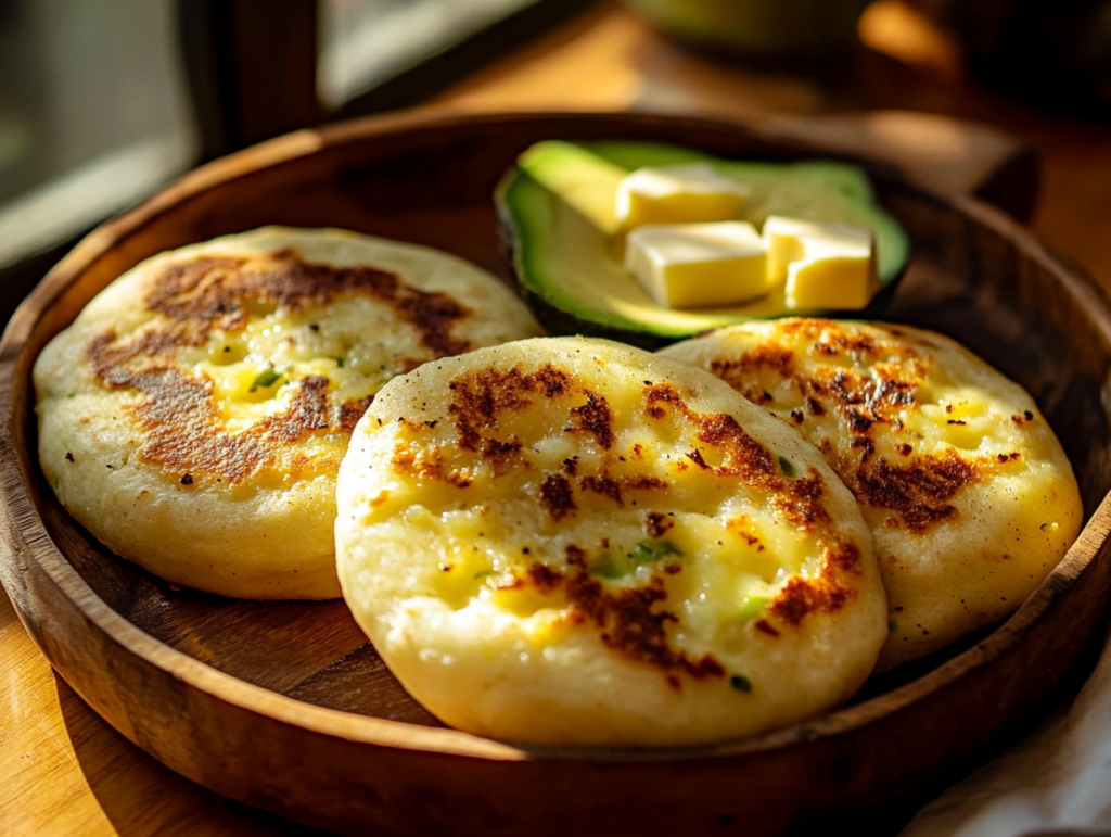 Golden Colombian arepas topped with cheese and avocado on a wooden plate.