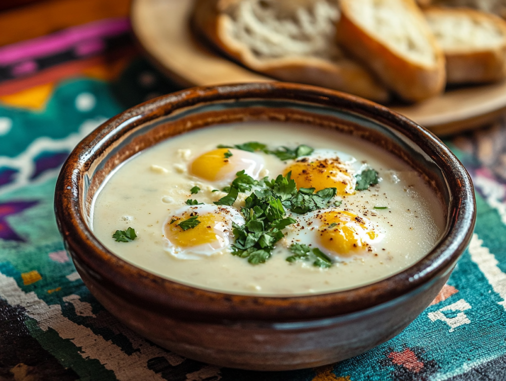 Colombian changua soup with poached eggs, cilantro, and bread on a rustic table.