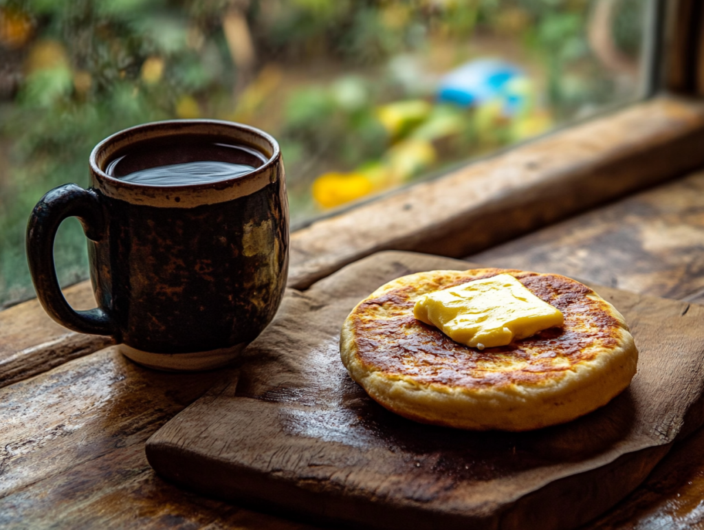 A steaming cup of Colombian tinto coffee served with a buttered arepa on a rustic wooden table.