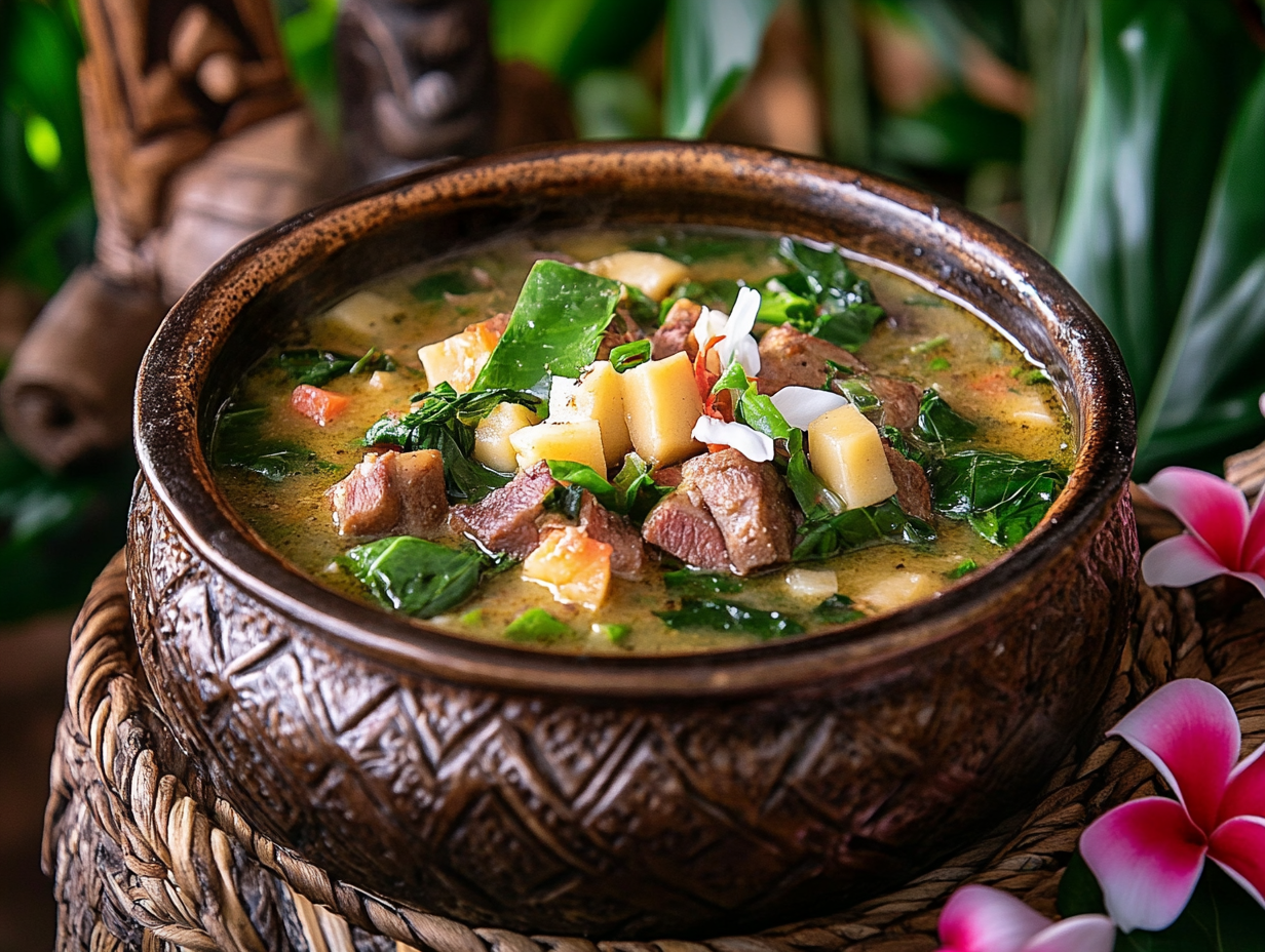 A beautifully presented bowl of traditional Hawaiian luau stew with green taro leaves, tender meat, and creamy coconut broth, surrounded by tropical decorations like plumeria flowers and a woven mat, capturing the essence of a Hawaiian feas