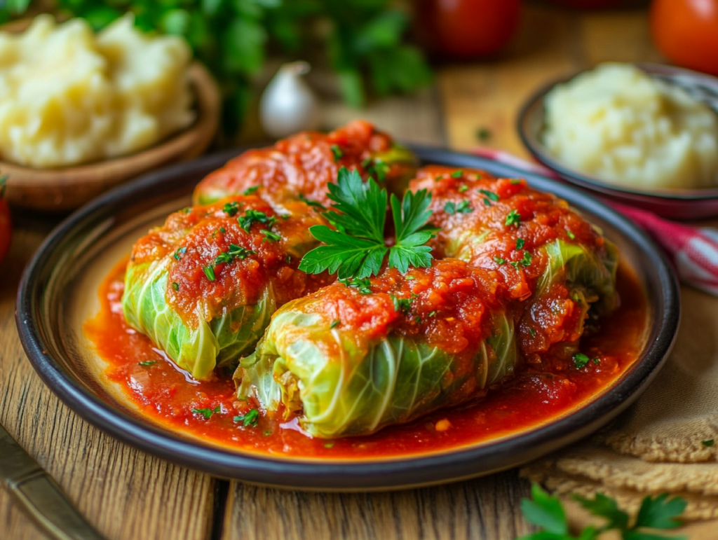 A plate of traditional Polish stuffed cabbage rolls, neatly wrapped in tender cabbage leaves, covered in rich tomato sauce, garnished with fresh parsley.