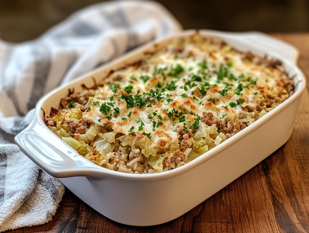 A steaming turkey cabbage casserole with rice in a white baking dish, garnished with herbs, placed on a wooden table.