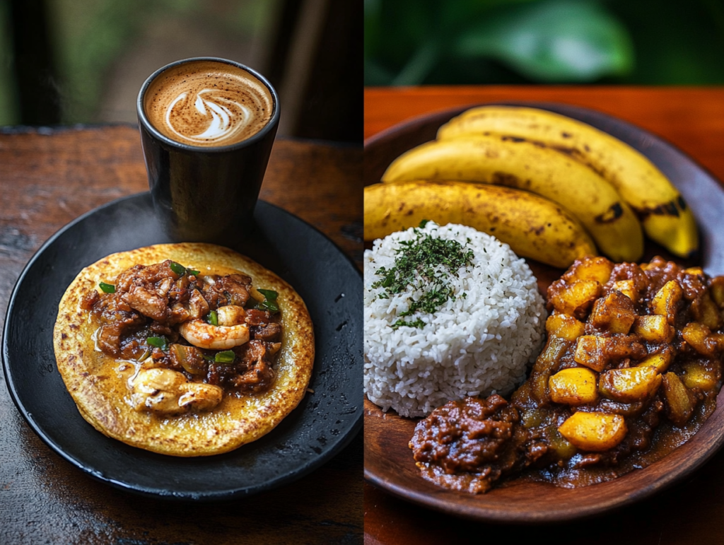 A split image showing a quick urban Colombian breakfast of coffee and arepa contrasted with a rural Colombian lunch of sancocho and rice.

