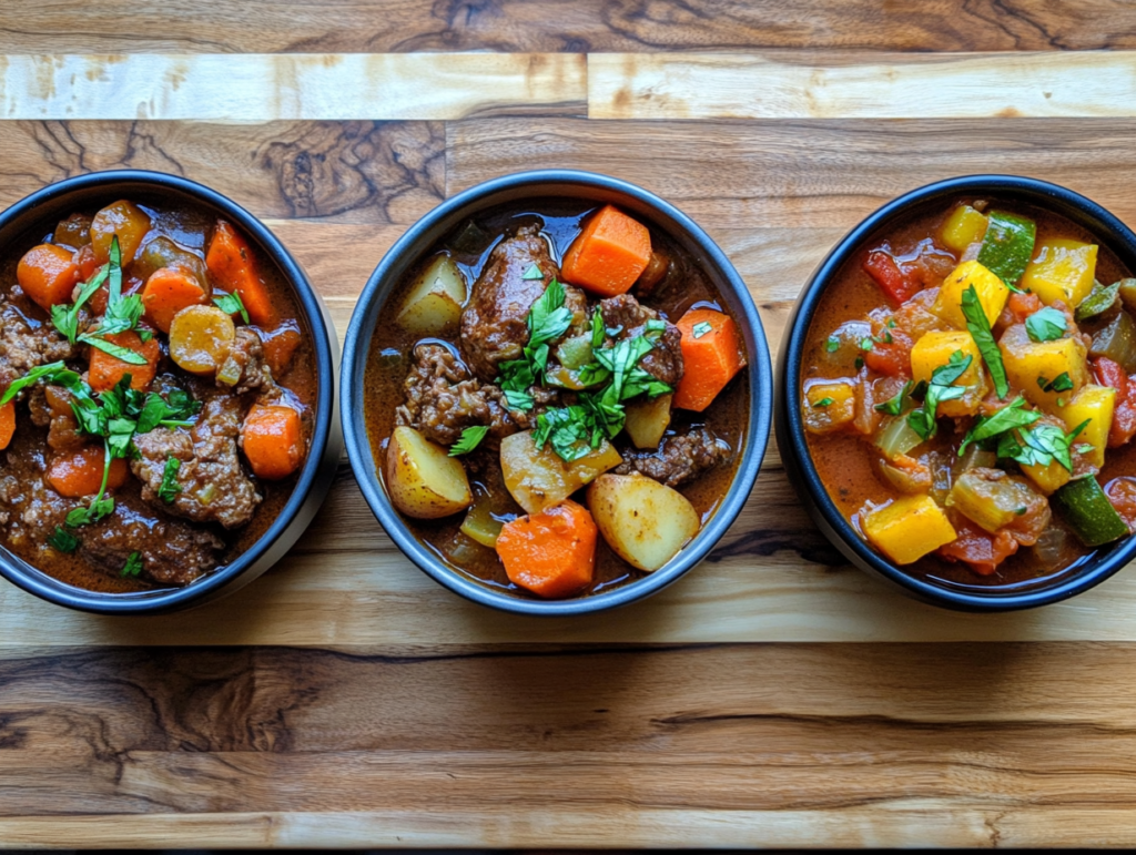 Three variations of Hawaiian beef stew: classic with beef, vegan with jackfruit, and gluten-free with sweet potatoes, all garnished with fresh herbs.