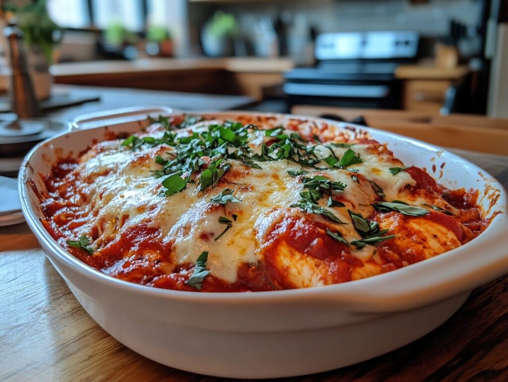 A plate of chicken parmesan topped with melted mozzarella as a substitute for provolone cheese, garnished with fresh basil, and served with marinara sauce in a cozy kitchen setting