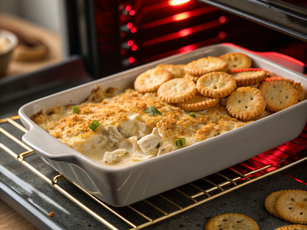 Million Dollar Chicken Casserole baking in the oven with golden Ritz cracker topping.