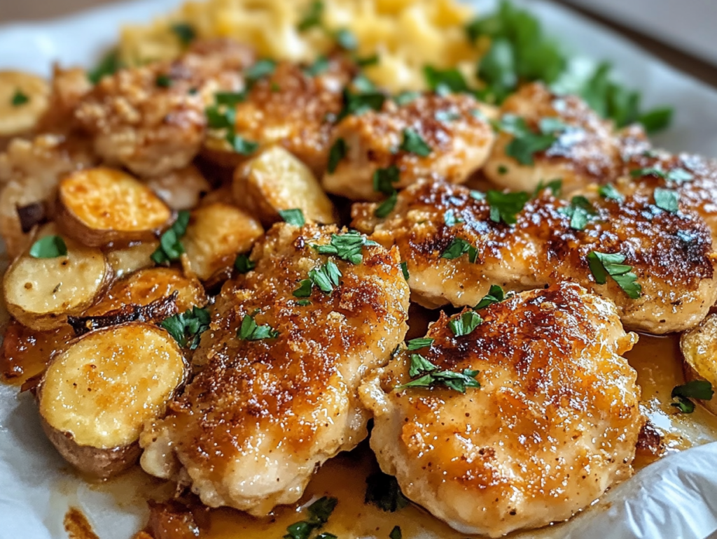 Golden baked chicken with a crispy exterior, garnished with fresh parsley, served alongside roasted potatoes and greens on a white plate