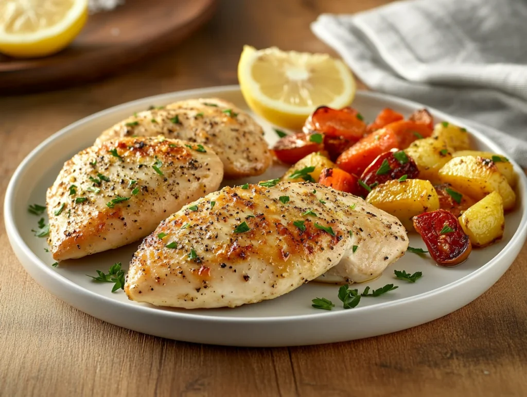 Plate of baked thin chicken breasts with a golden-brown crust, served with creamy mashed potatoes, roasted broccoli, and a mix of sautéed zucchini and carrots. Garnished with fresh thyme and a lemon slice for a vibrant presentation