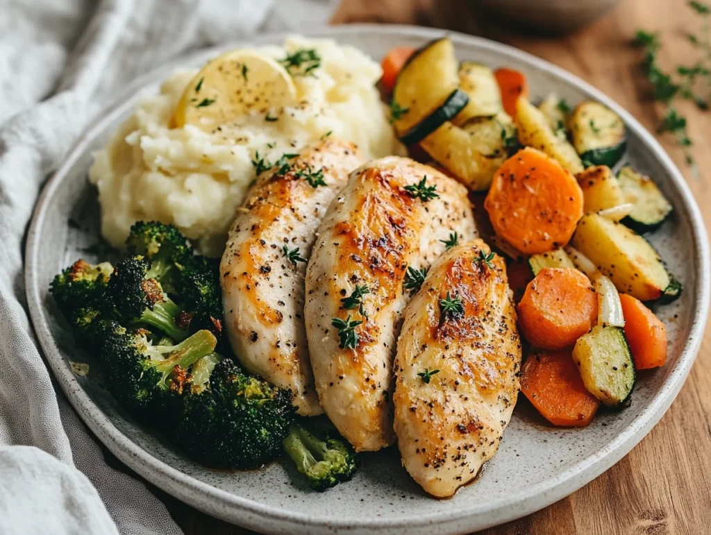 Plate of perfectly baked thin chicken breasts garnished with parsley and served with roasted vegetables including carrots, potatoes, and cherry tomatoes. A lemon wedge is placed on the side for added freshness