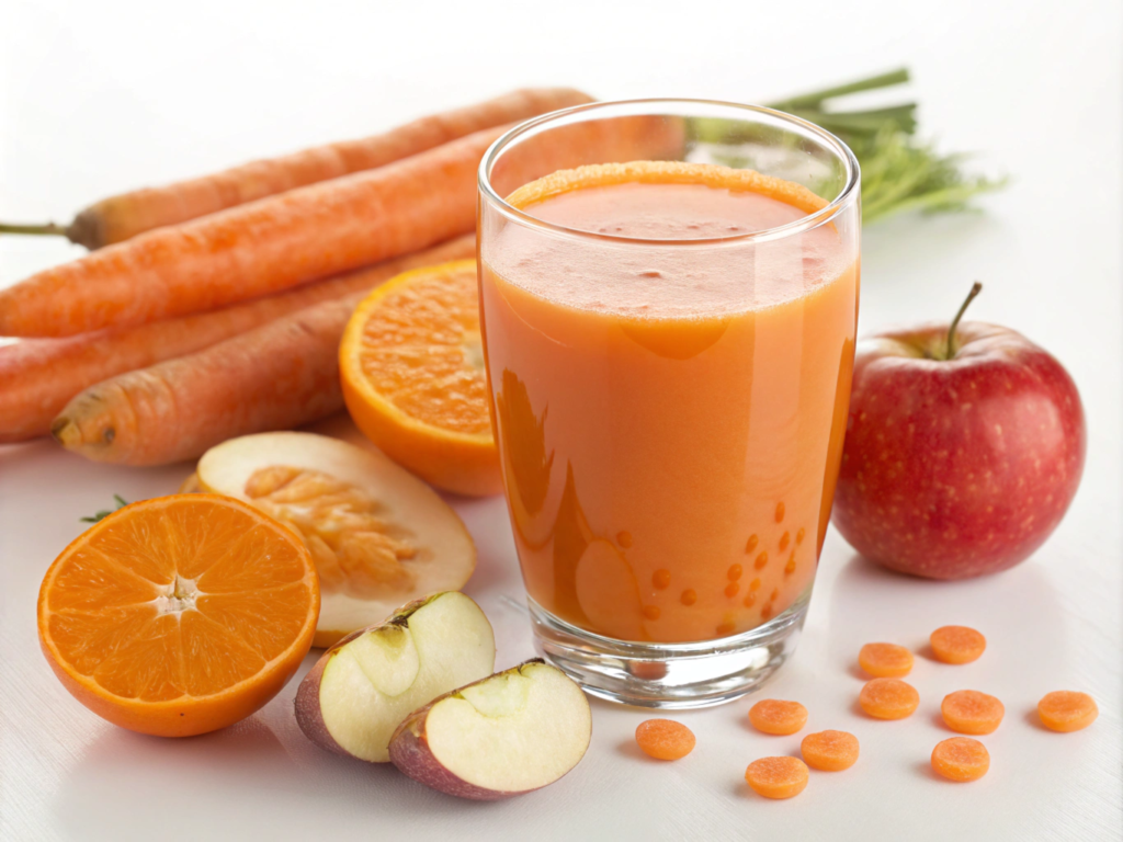 A glass of freshly pressed carrot juice placed on a white surface, surrounded by fresh carrots, apple slices, orange halves, and small carrot slices, representing a healthy and vibrant juice blend