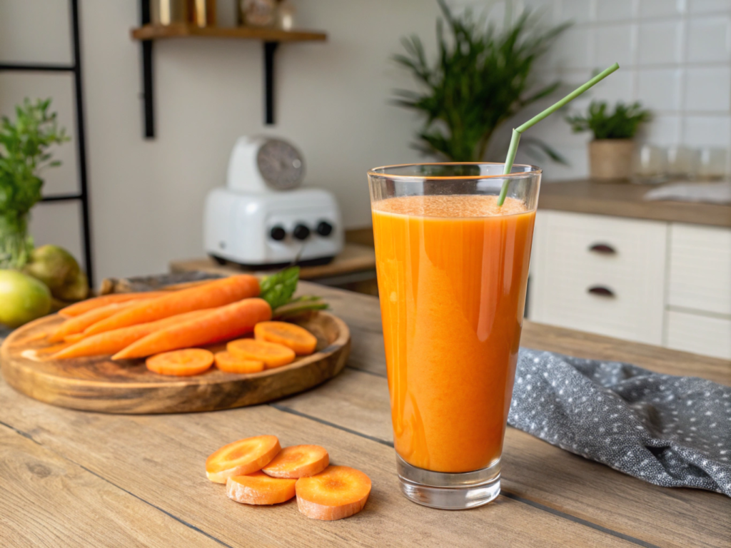 A glass of vibrant orange carrot juice with a green straw, placed on a wooden table alongside fresh carrot slices and whole carrots on a wooden tray, with a cozy kitchen setup in the background.