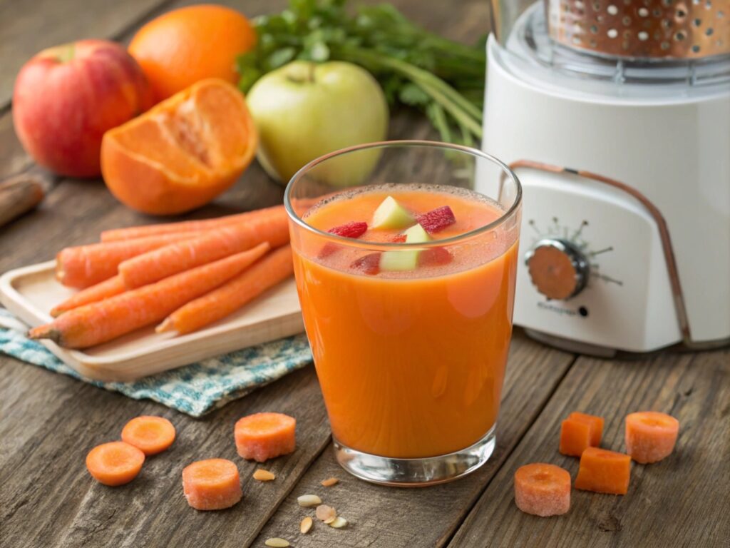 A glass of freshly made carrot juice garnished with apple and fruit chunks, surrounded by fresh carrots, apple slices, oranges, and a juicer, all placed on a rustic wooden table.