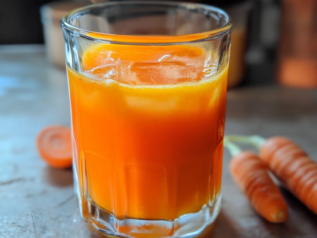 Freshly made carrot juice in a glass, with vibrant orange color, surrounded by fresh carrots on a rustic wooden table, evoking health and refreshment