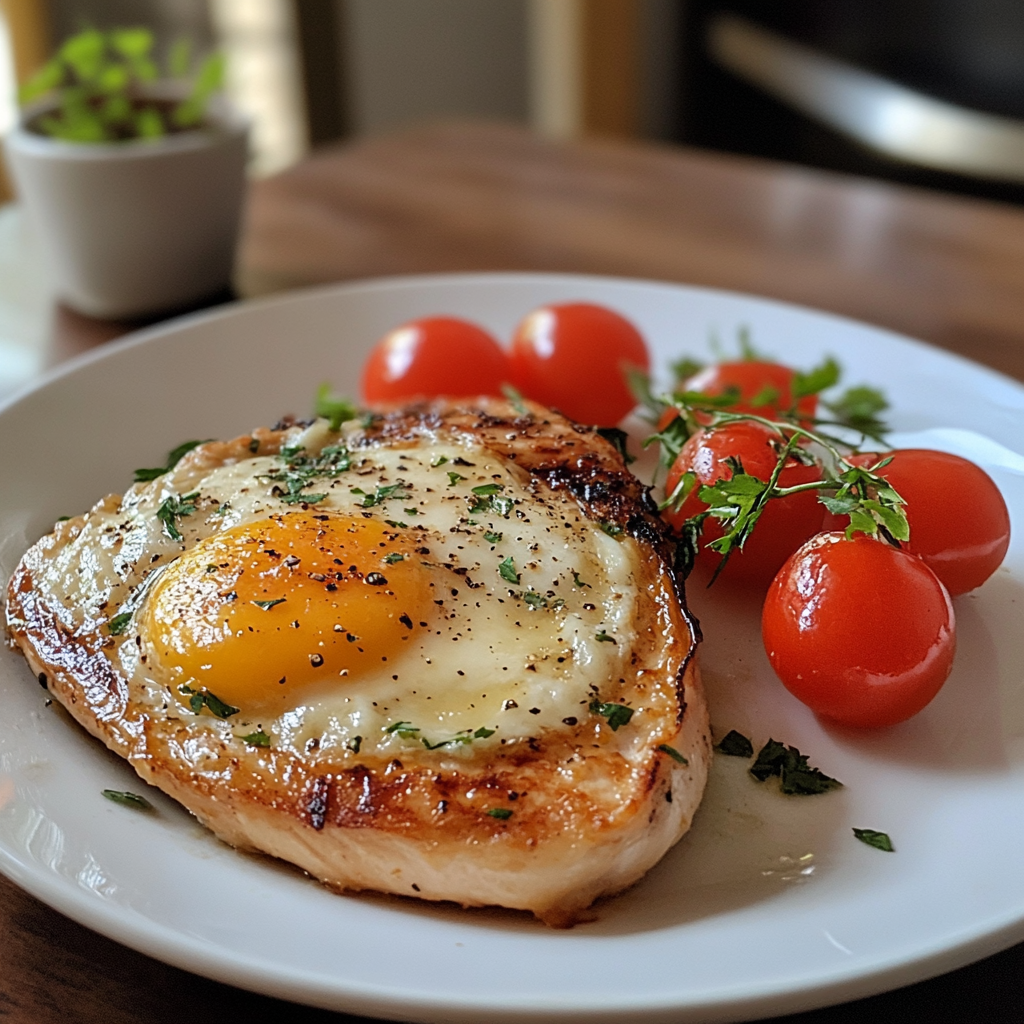 A grilled chicken breast topped with a perfectly cooked sunny-side-up egg, served with a side of fresh cherry tomatoes and garnished with parsley, presenting a wholesome and appetizing dish