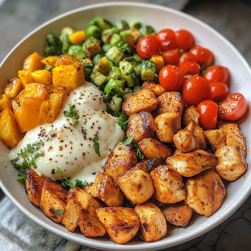 Vibrant chicken breakfast bowl with grilled chicken chunks, cherry tomatoes, roasted bell peppers, sautéed greens, and a perfectly cooked poached egg