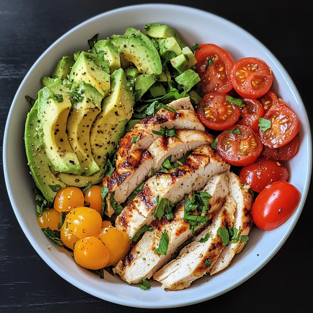 A vibrant breakfast bowl featuring grilled chicken slices, fresh avocado, cherry tomatoes, and yellow tomatoes, garnished with herbs