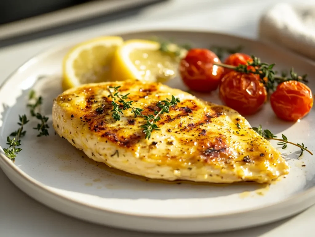 A beautifully plated thin chicken breast, grilled to golden perfection, garnished with fresh thyme sprigs. The dish is accompanied by roasted cherry tomatoes and lemon wedges, presented on a clean white plate under warm natural light, creating an inviting and appetizing appearance