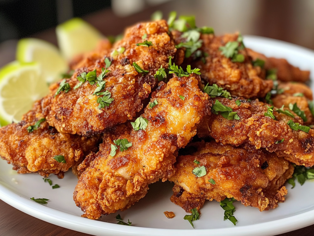 Crispy fried chicken cutlets coated in golden breading, garnished with fresh parsley and lime wedges, served on a white plate