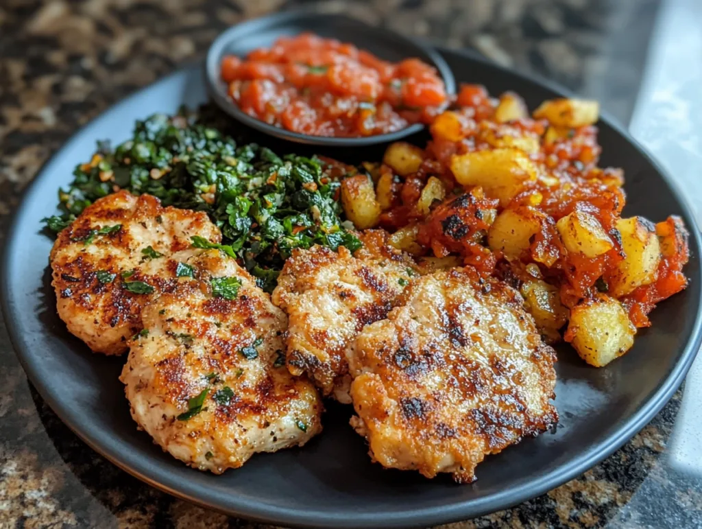 How to Keep Chicken Cutlets Juicy and Delicious Every Time 2 Grilled chicken cutlets garnished with fresh herbs, served with sautéed potatoes, tangy salsa, and a side of greens on a black plate