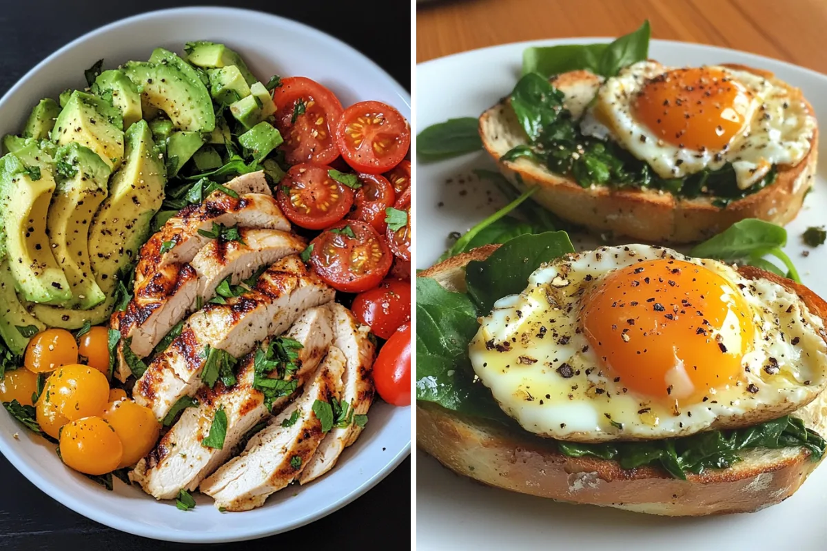 Side-by-side comparison of two breakfast dishes: on the left, a bowl with grilled chicken, sliced avocado, and cherry tomatoes; on the right, toasted bread topped with sautéed spinach, sunny-side-up eggs, and a sprinkle of black peppe