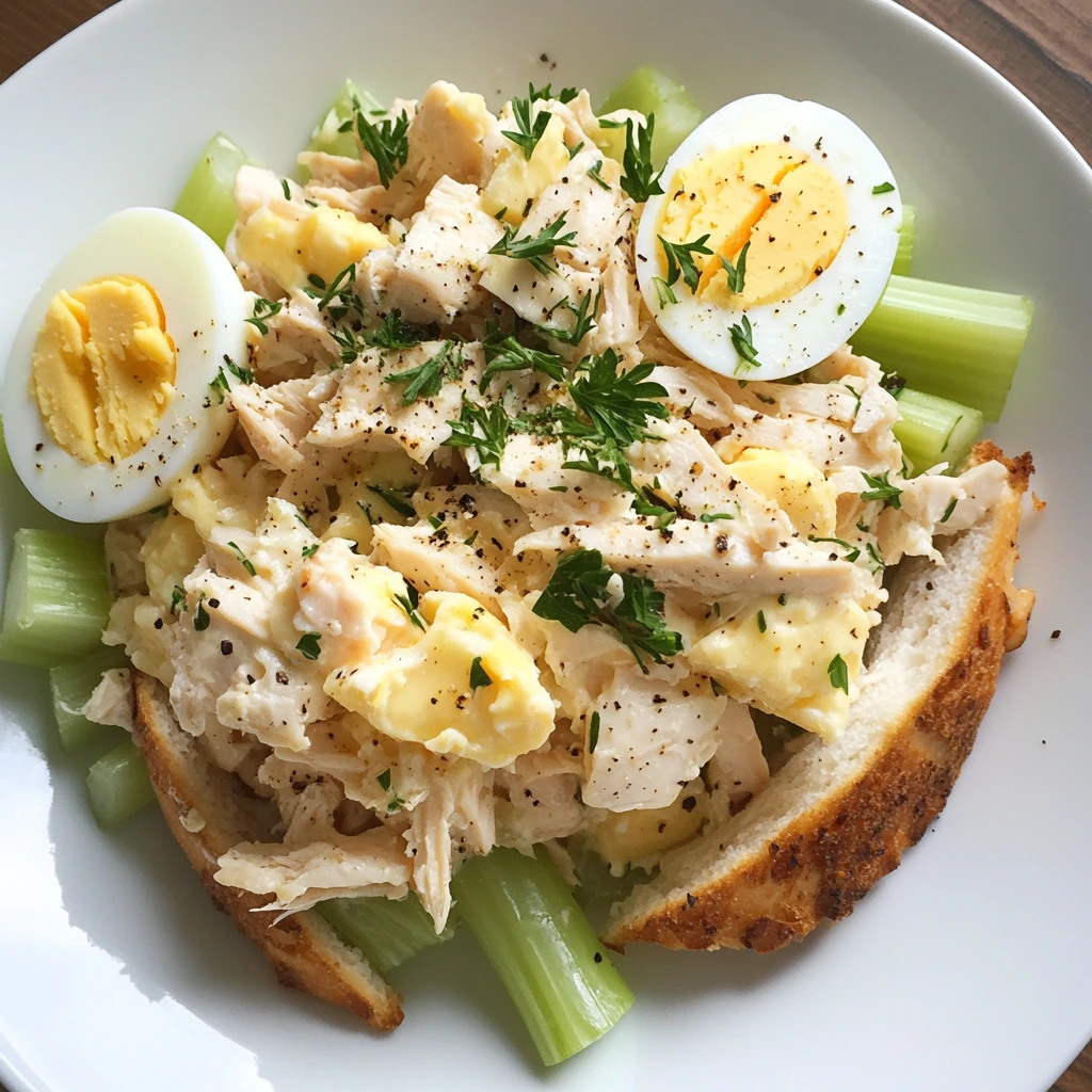 A plate of shredded chicken mixed with chopped boiled eggs, served over celery and toasted bread, garnished with fresh parsley and ground black pepper for a wholesome and visually appealing dish