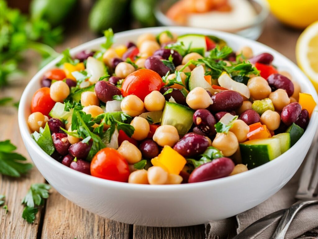 Salade de haricots dense avec pois chiches, haricots rouges, légumes frais et persil dans un bol blanc.