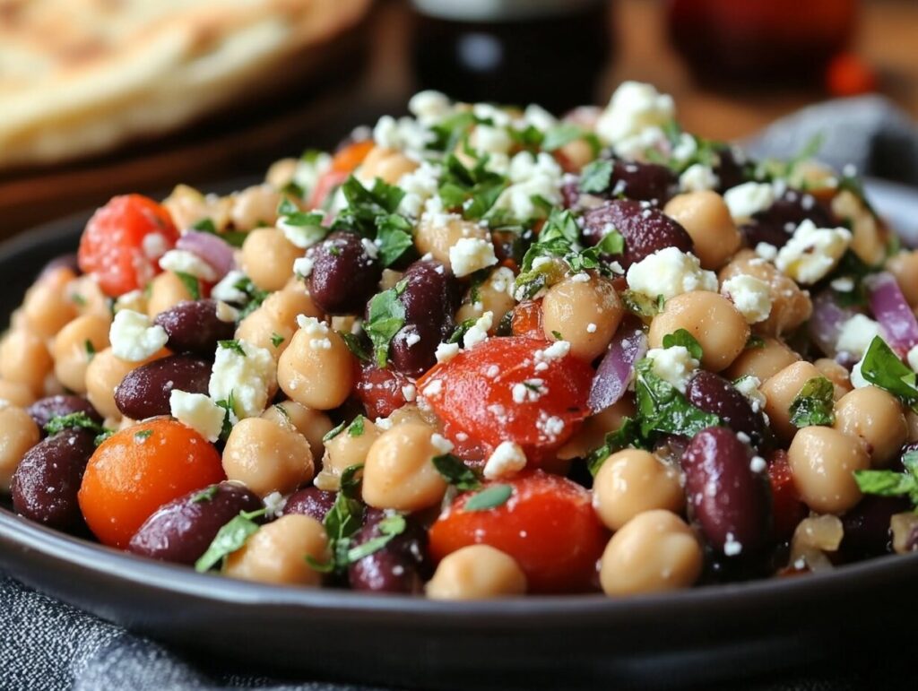 A plate of dense bean salad featuring chickpeas, kidney beans, cherry tomatoes, red onions, fresh herbs, and crumbled feta cheese.