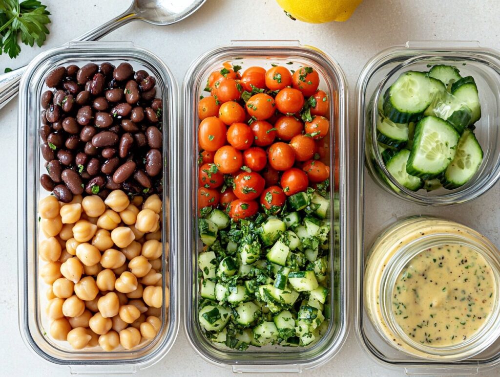 Meal prep containers filled with black beans, chickpeas, cherry tomatoes, cucumbers, and a jar of creamy dressing