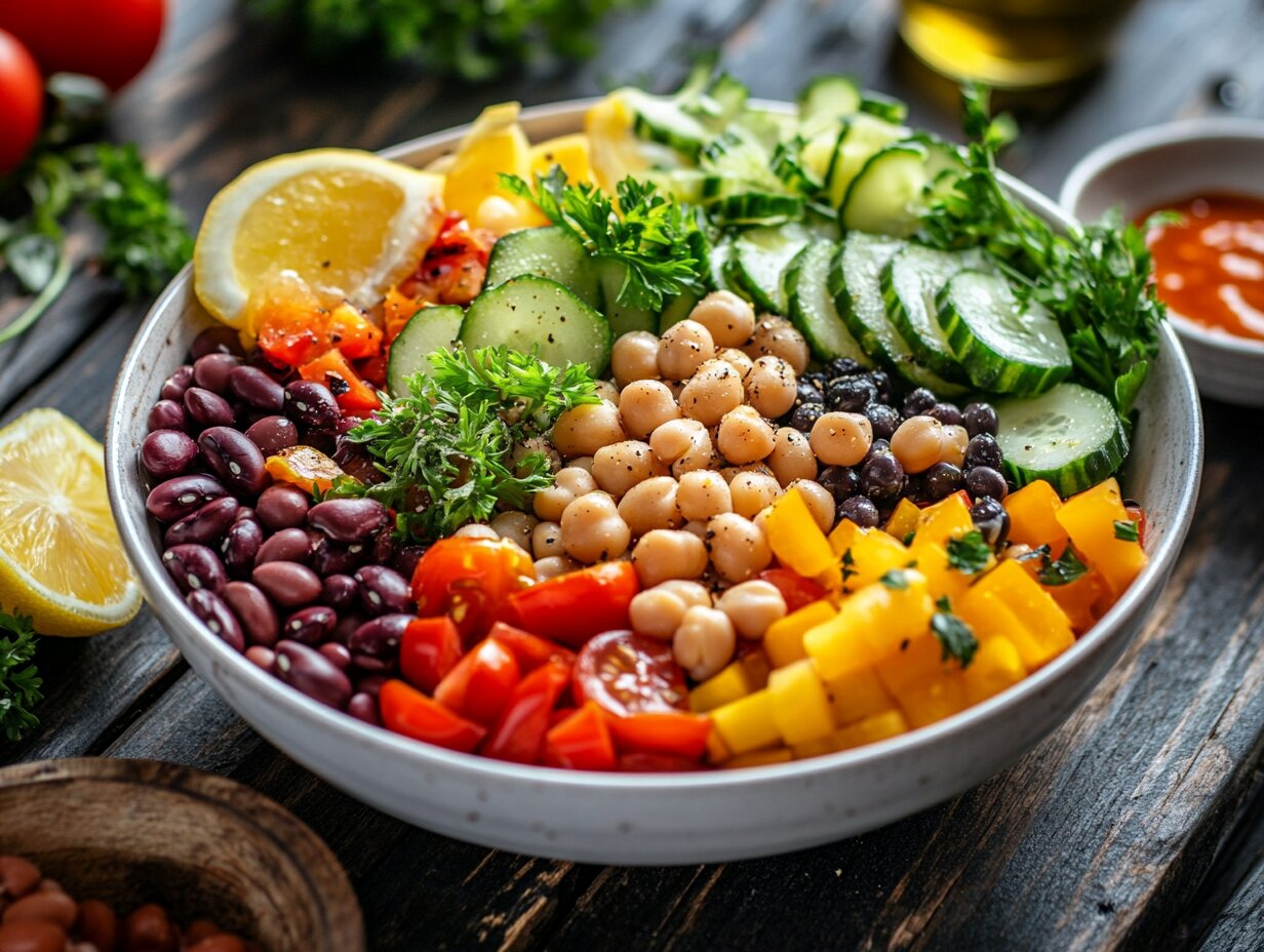 Colorful bowl of dense bean salad with beans, veggies, and fresh herbs.