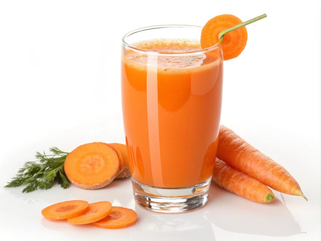 A glass of bright orange carrot juice garnished with a carrot slice on the rim, surrounded by fresh whole carrots, carrot slices, and carrot greens on a white background.